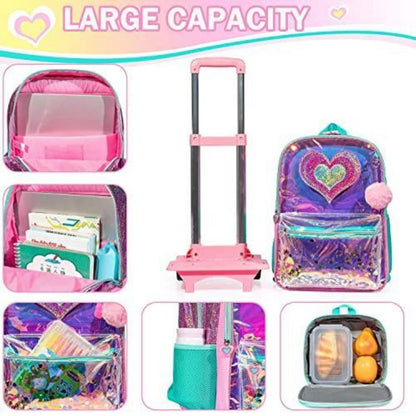 Rollrucksack für Mädchen mit Rädern & Brotdose – 17 Zoll