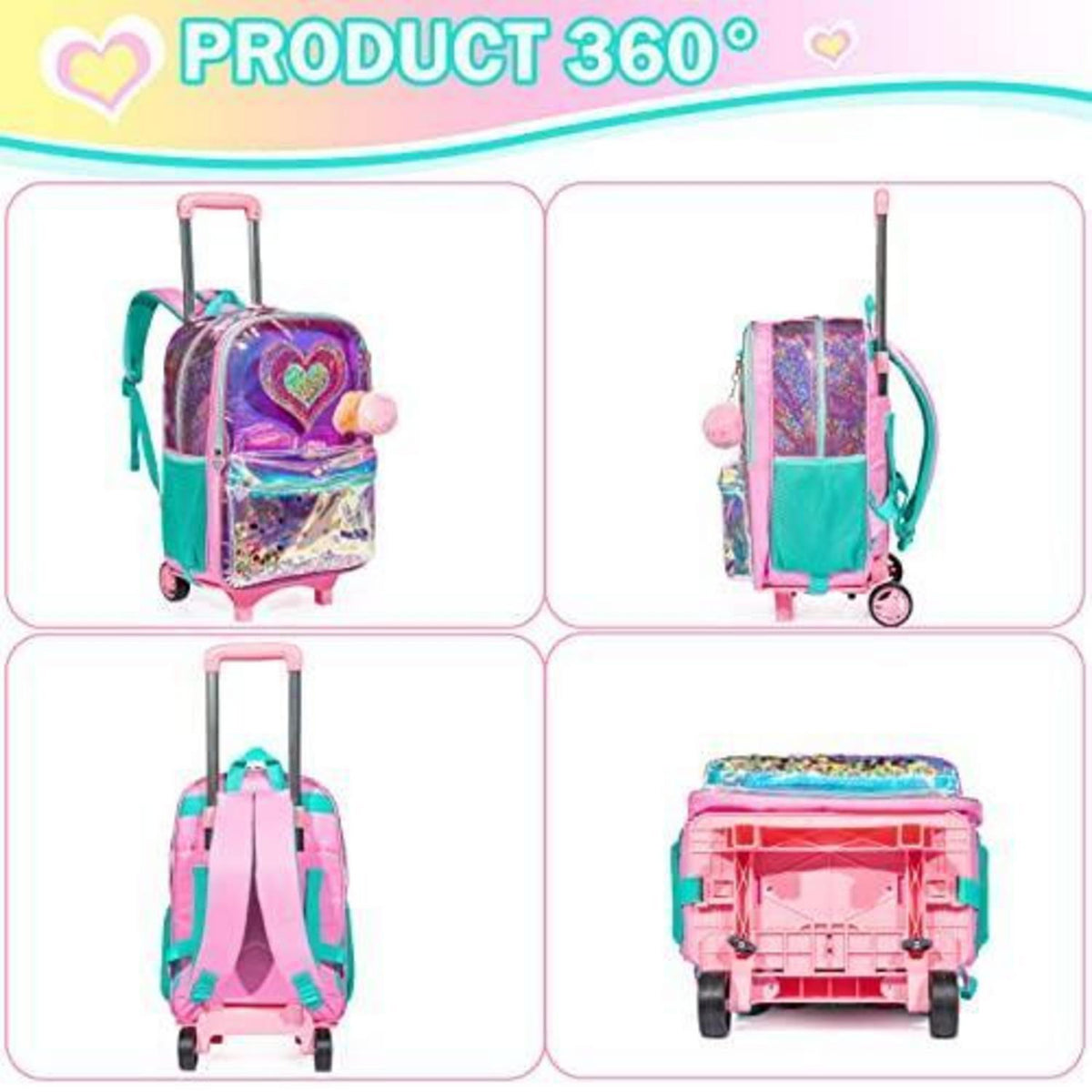 Rollrucksack für Mädchen mit Rädern & Brotdose – 17 Zoll