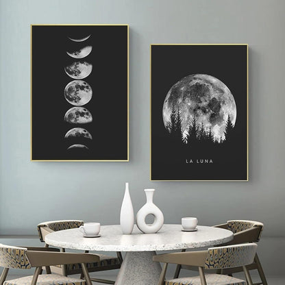 Modernes Schwarz Weiß Mondphasen Poster Set 50x70cm