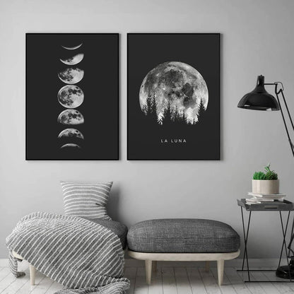 Trayosin Schwarz Weiß Mondphasen Poster Set, Modernes Wandbild 50x70cm