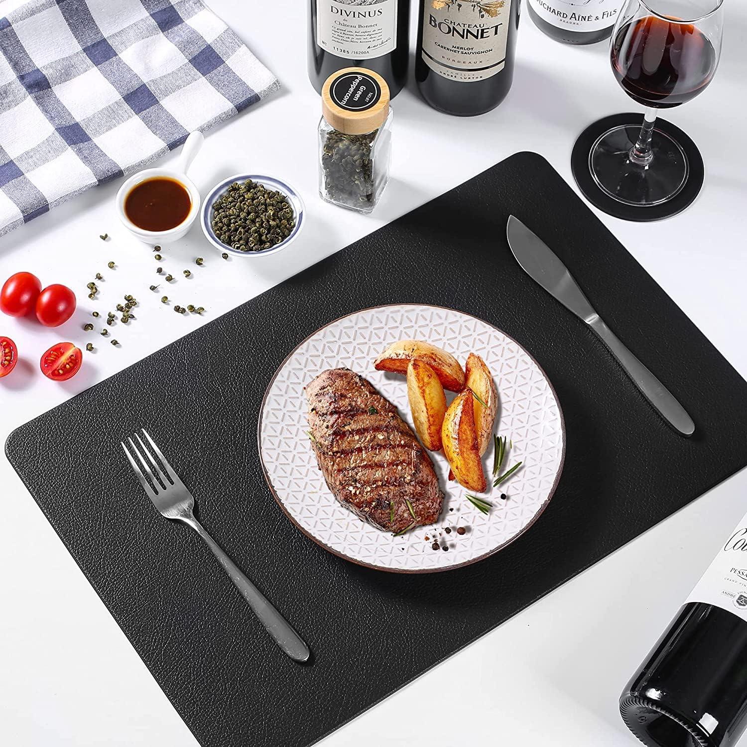 Sagittar Premium Tischset Schwarz Leder-Imitat 6 Platzsets Glas Untersetzer