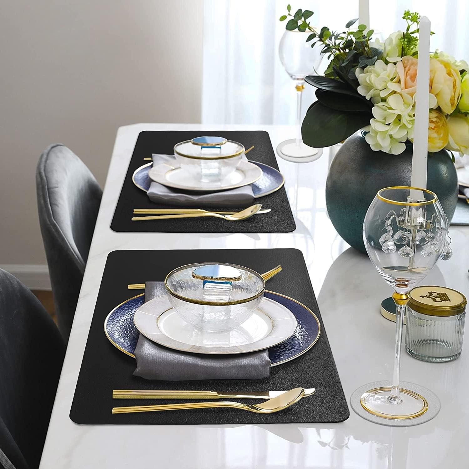 Premium Tischset Leder-Imitat Schwarz 6 Platzsets Glas Untersetzer