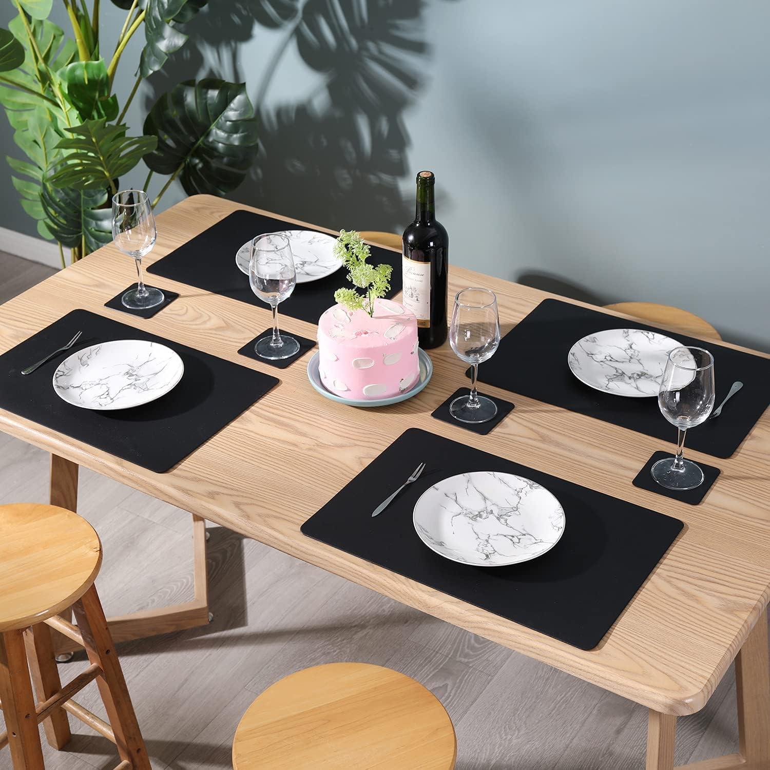 Sagittar Premium Tischset Schwarz Leder-Imitat 6 Platzsets Glas Untersetzer