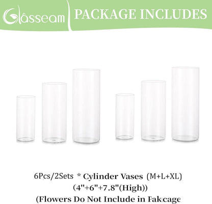 Moderne Glasvase Set Zylinder Tischdeko Blumenvase, 15/20/25cm, 2er