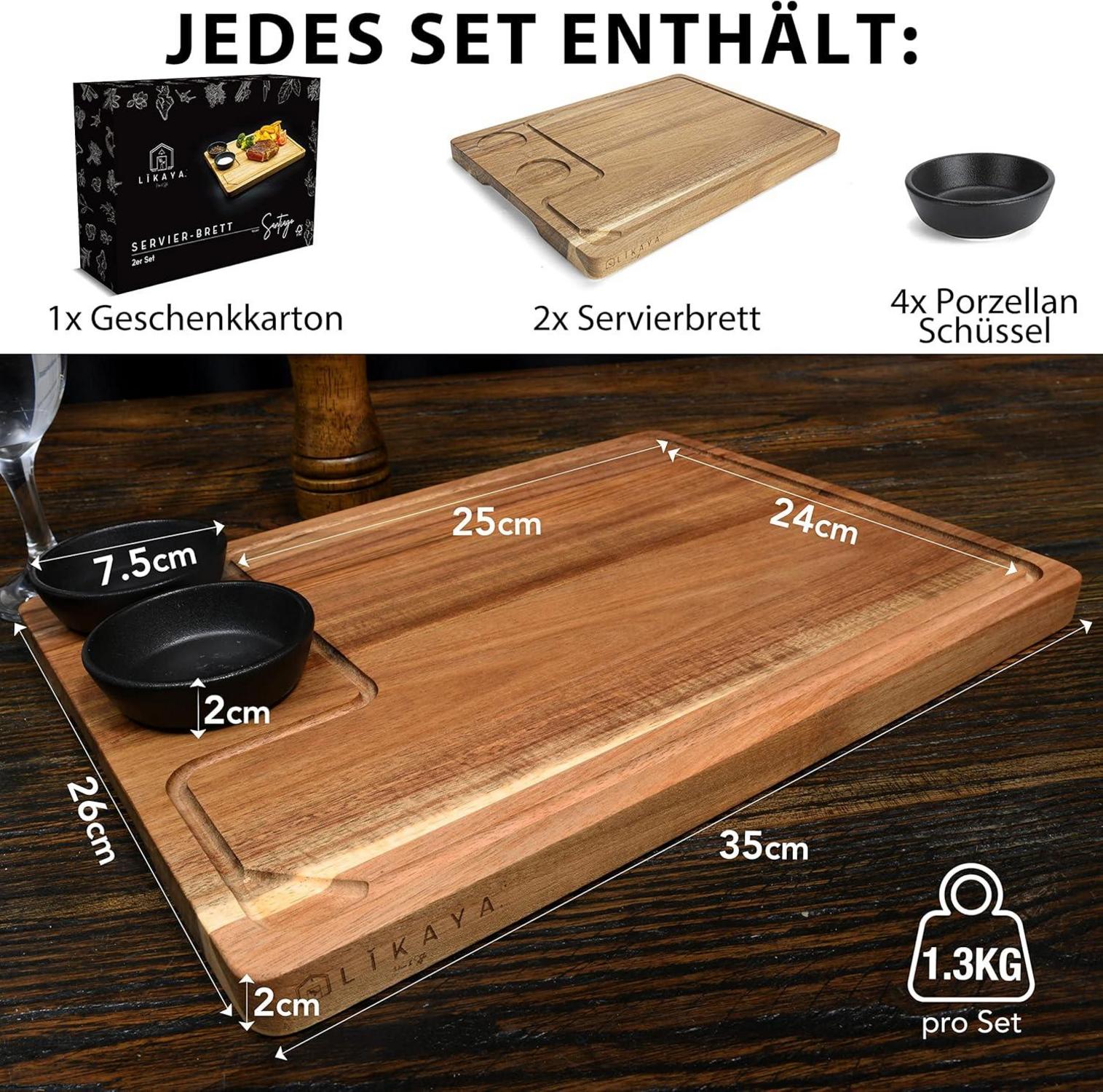 XXL Servierbrett Set Akazien-Holz Saucen Grill Zubehör Steak Burger Sushi