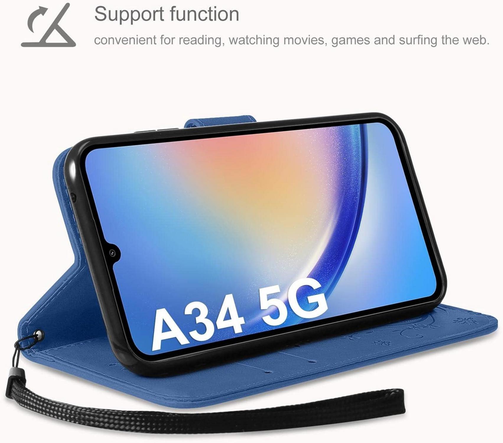 AROYI Samsung Galaxy A34 5G Leder Wallet Hülle Dunkel Blau