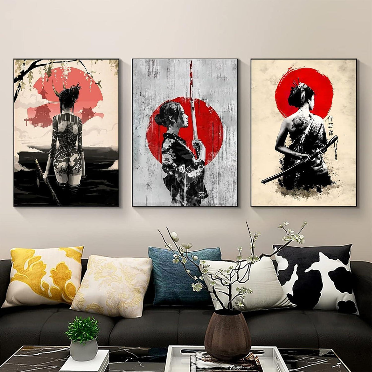 Japanisches Frau Poster Leinwandbild Wandkunst 3er Set 30x40cm