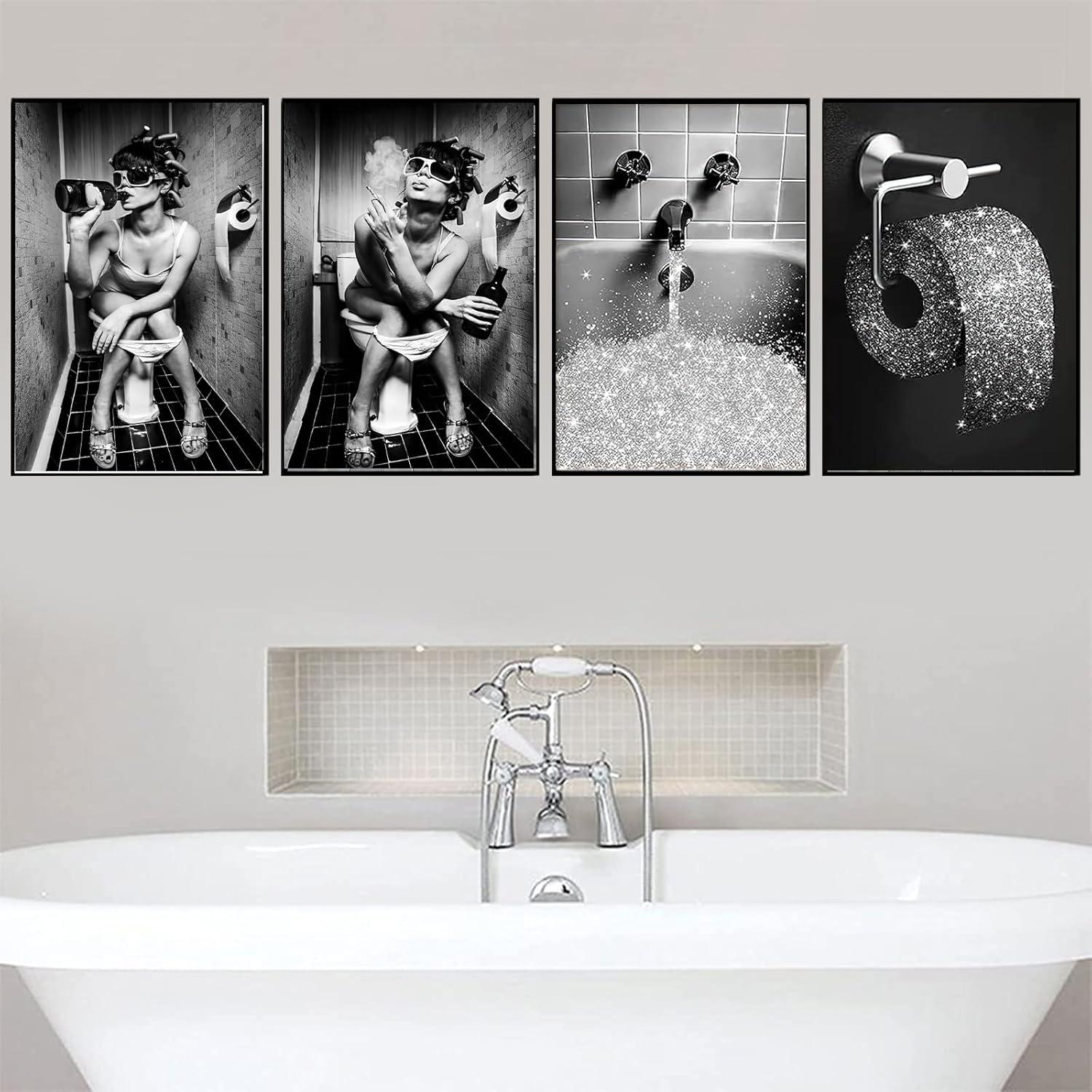 Badezimmer Leinwand Poster Set Vintage Schwarz Weiß 4-teilig 40x60cm