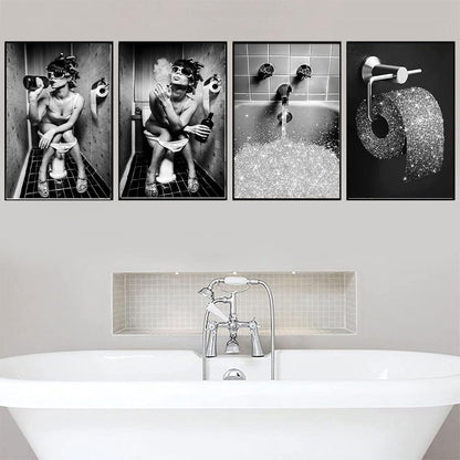 Badezimmer Leinwand Poster Set Vintage Schwarz Weiß 4-teilig 40x60cm