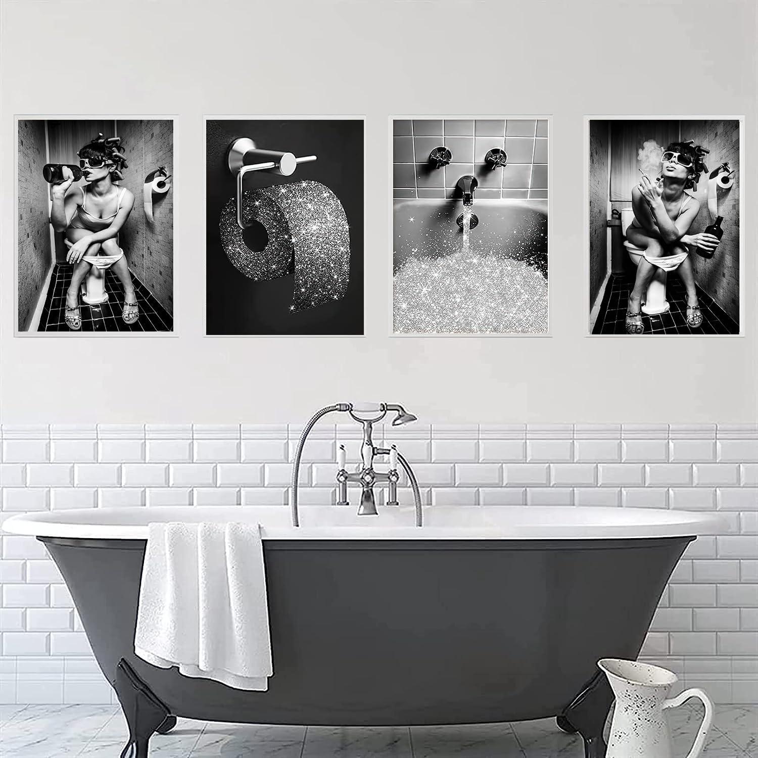 Badezimmer Leinwand Poster Set Vintage Schwarz Weiß 4-teilig 40x60cm