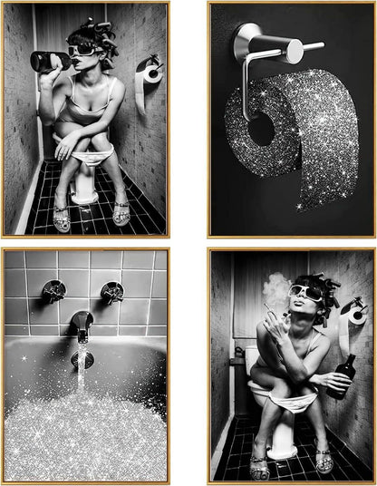 LYBOHO Badezimmer Bilder Schwarz Weiß Set Vintage Poster Leinwand 4er Set