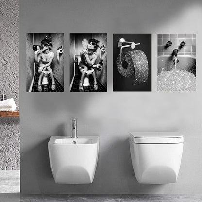 Badezimmer Bilder Set Vintage Leinwand Poster Schwarz Weiß 4er 40x60cm