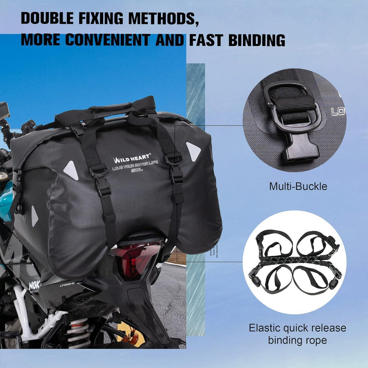Motorrad Rücksitztasche 50L Wasserdicht TPU Gepäcktasche Schwarz