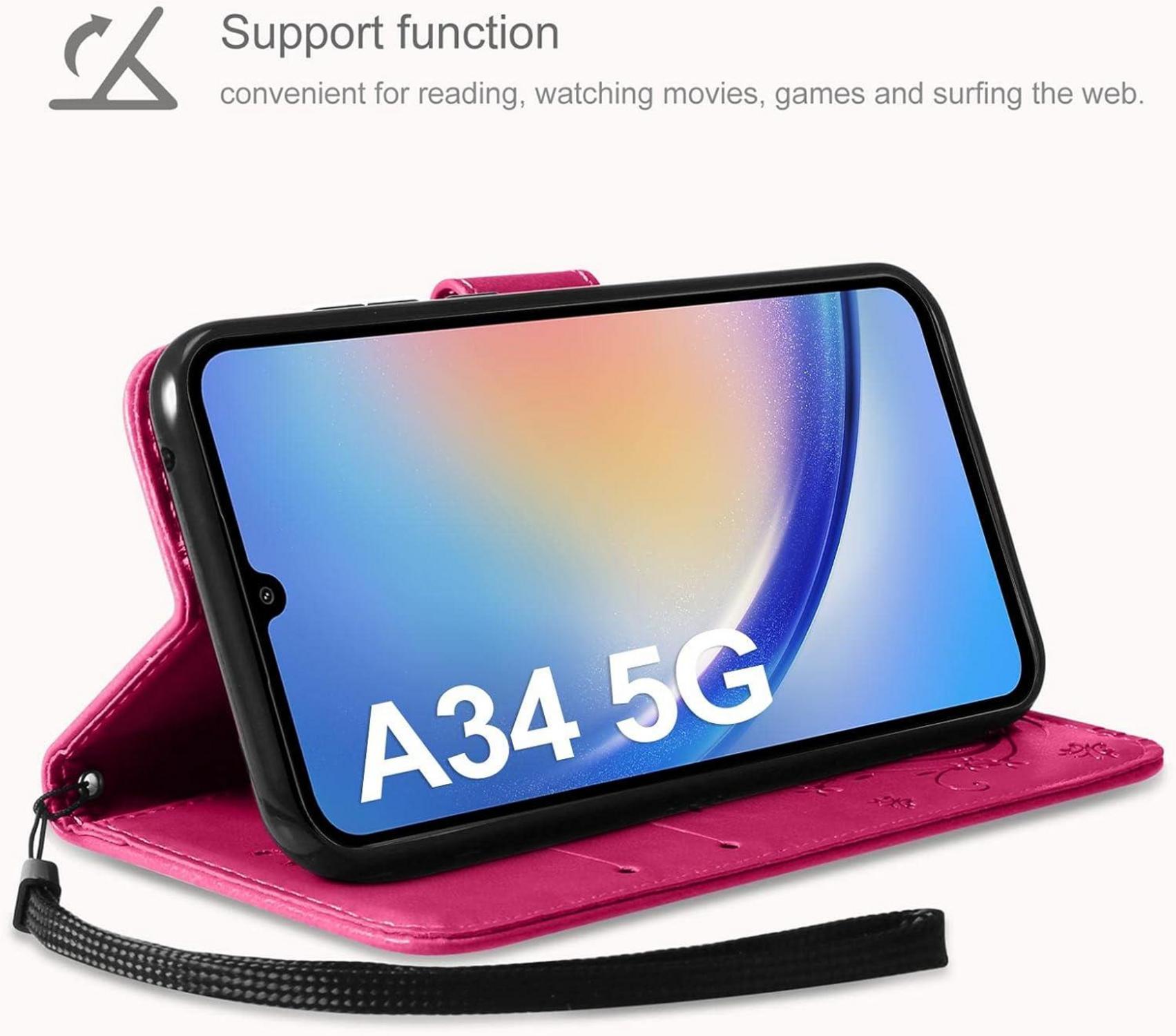 Samsung Galaxy A34 5G Lederhülle mit Schutzhülle und Schutzfolie, Wallet Case in Rosenrot