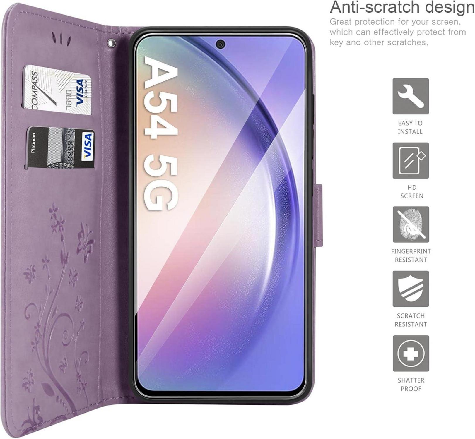 Samsung Galaxy A54 5G Lederhülle mit Schutzfolie und Wallet, Lila