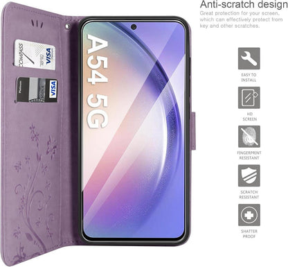 Samsung Galaxy A54 5G Lederhülle mit Schutzfolie und Wallet, Lila