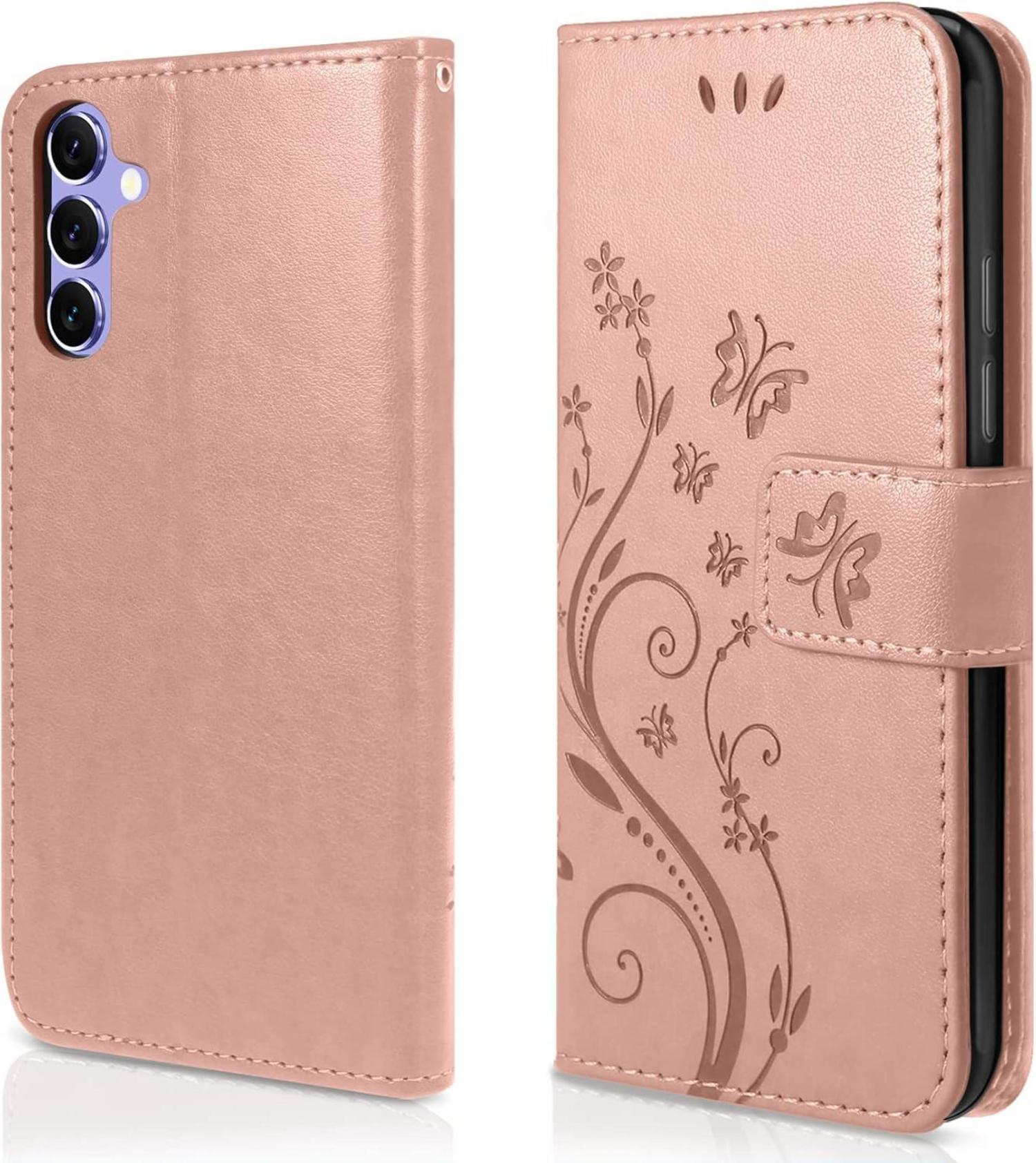 Lederhülle Samsung Galaxy A54 5G Wallet Schutzhülle Blumen RoseGold
