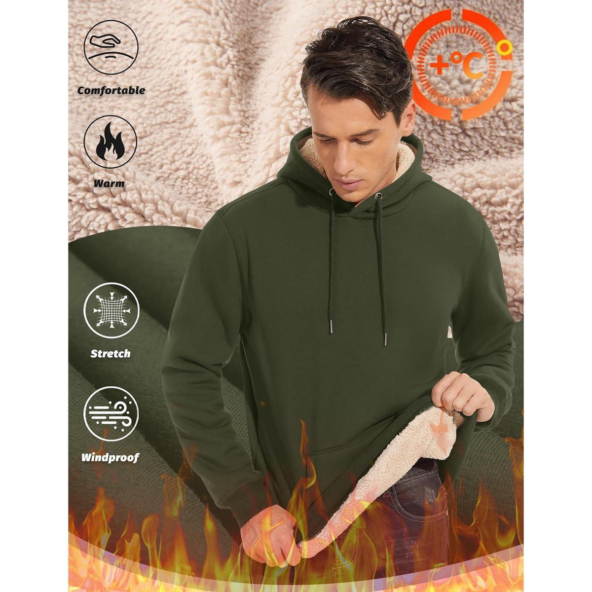 Herren Sherpa Hoodie mit Kängurutasche, Armeegrün
