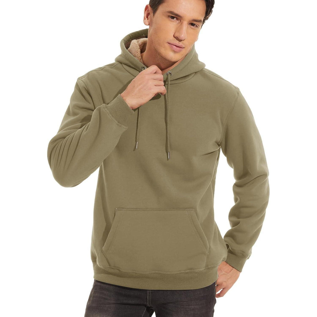 Herren Sherpa Hoodie Khaki L Winddicht Warm Gefüttert