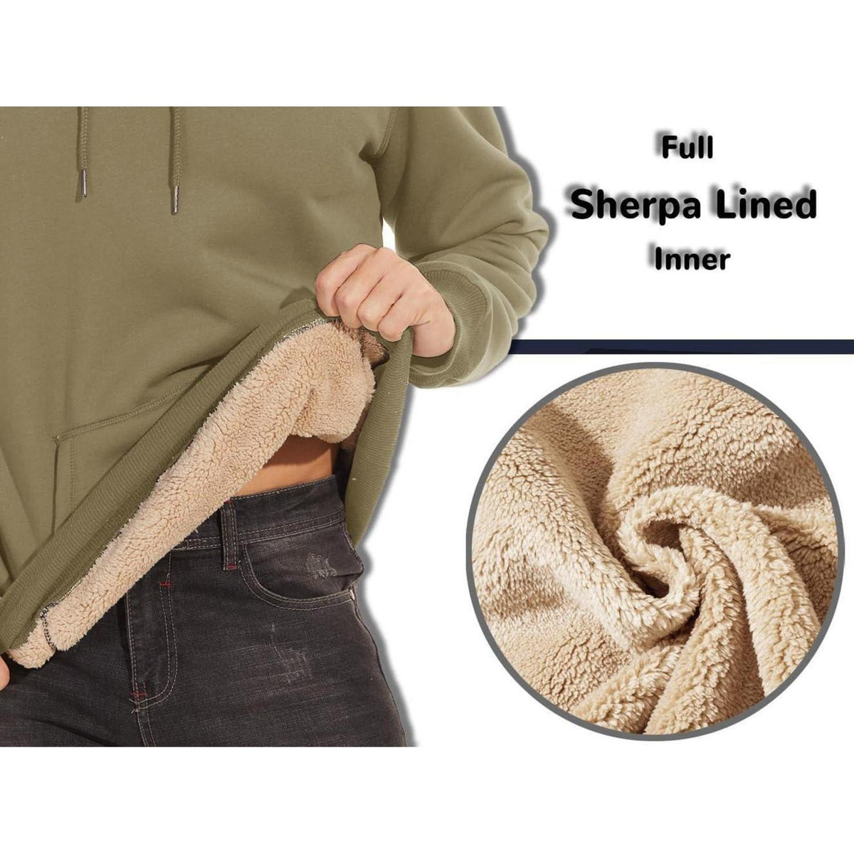 Herren Sherpa Hoodie Khaki L Winddicht Warm Gefüttert