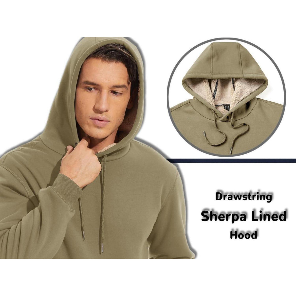 Herren Sherpa Hoodie Khaki L Winddicht Warm Gefüttert