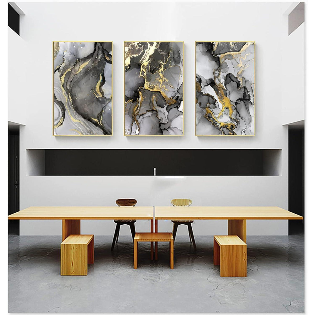 Abstrakte Wandkunst Grau Golden Marmor Textur Leinwand Bilder 3er Set 40x60cm