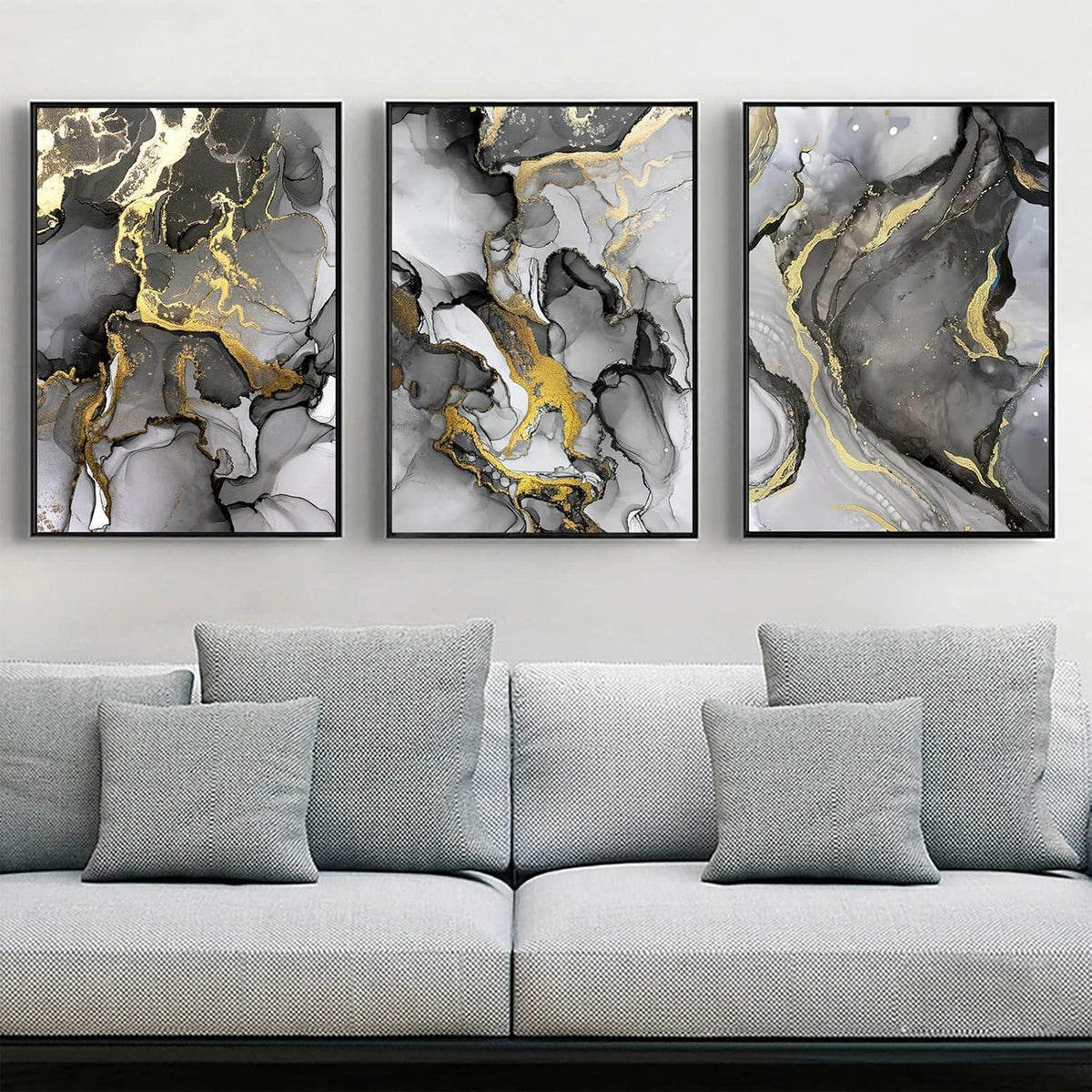 Abstrakte Wandkunst Grau Golden Marmor Textur Leinwand Bilder 3er Set 40x60cm