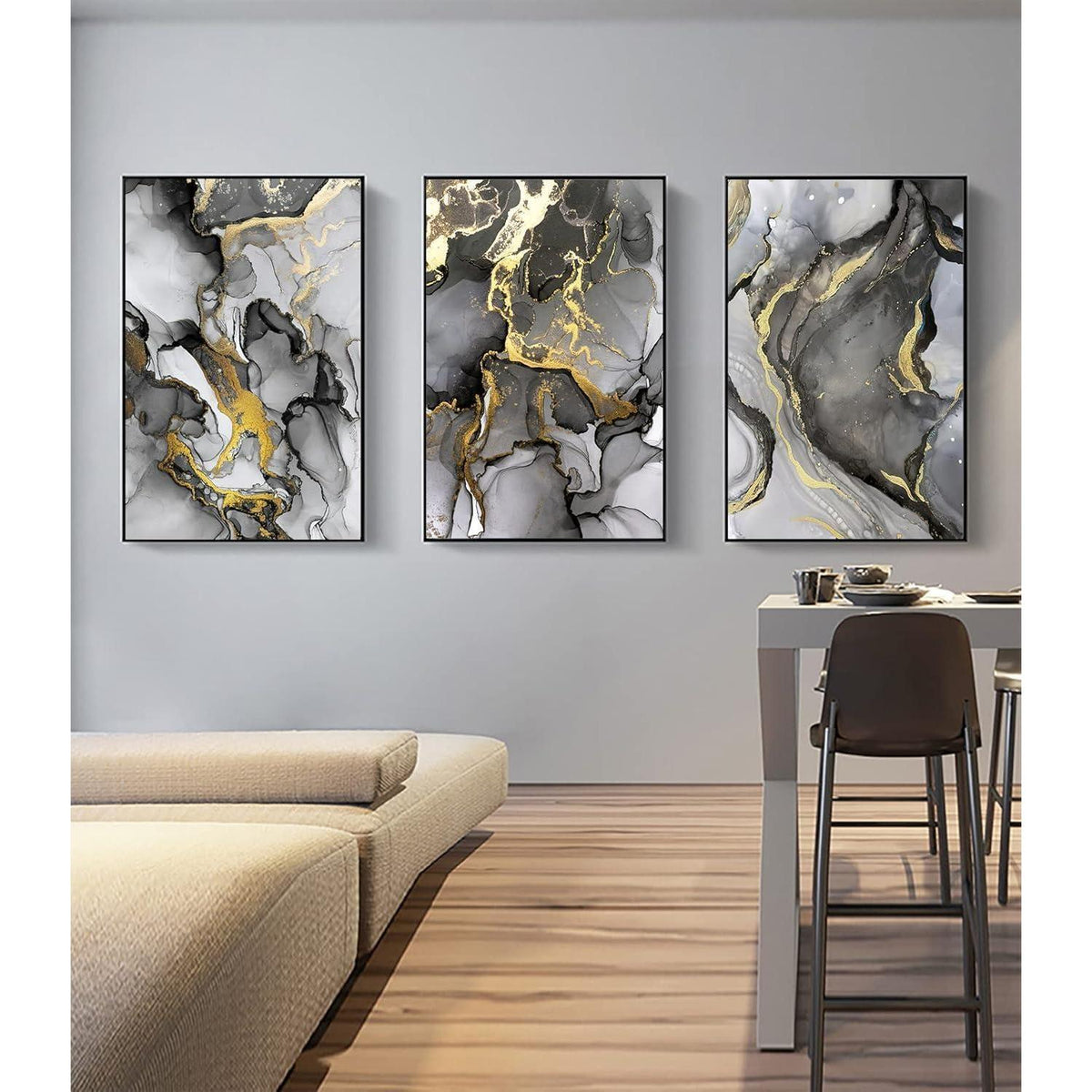 Abstrakte Wandkunst Grau Golden Marmor Textur Leinwand Bilder 3er Set 40x60cm