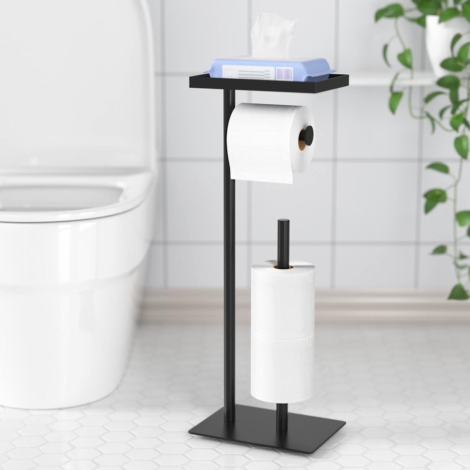 Freistehender Toilettenpapierhalter mit oberem Ablagefach, schwarz, Aufbewahrung