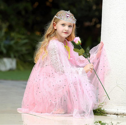 Prinzessin Umhang Mädchen Rosa Tüll Cape Glitzer Krone Zauberstab Kinder Kostüm
