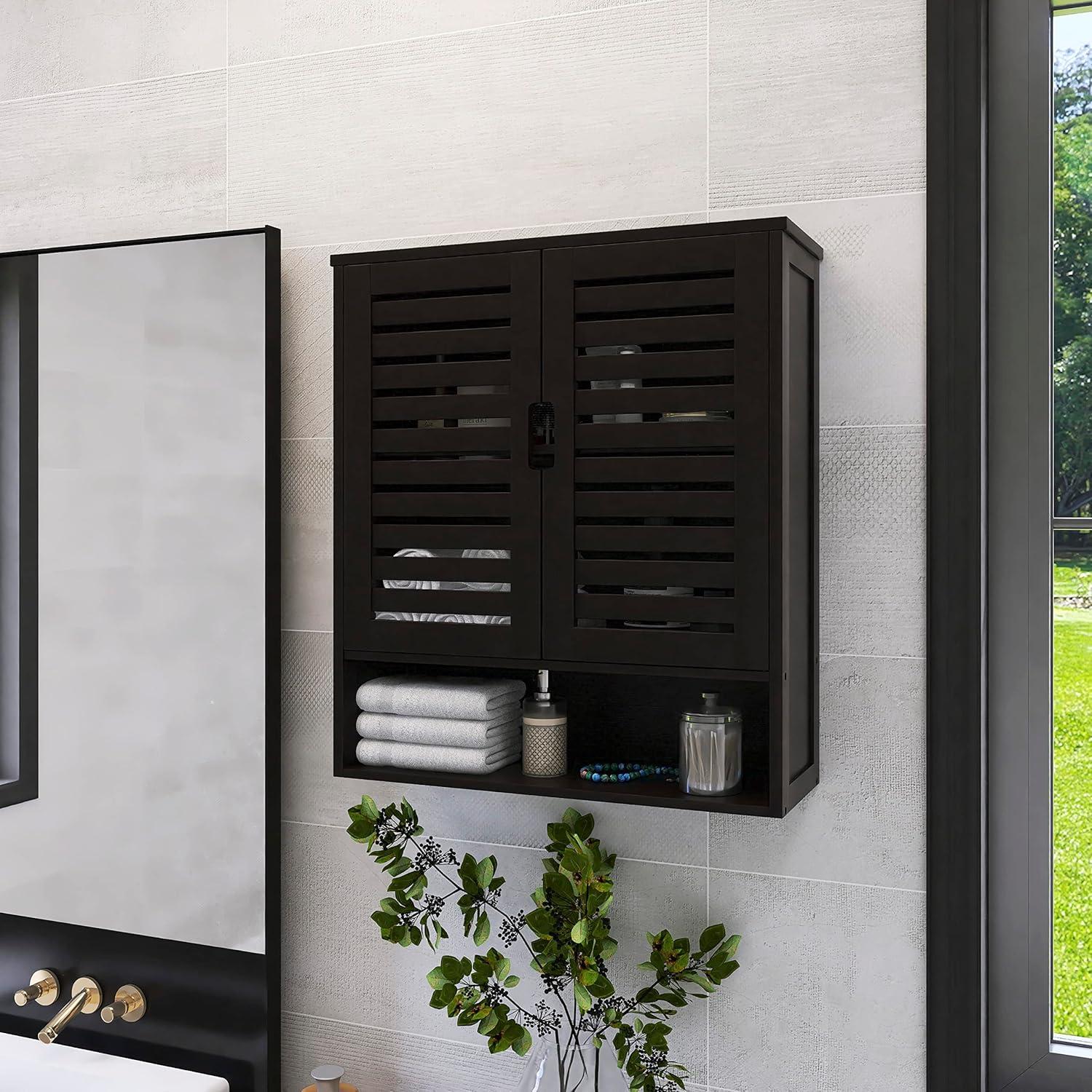 SMIBUY Badezimmerschrank Wandmontage Bambus Toilette Lagerung Organizer 2 Türen verstellbare Regale