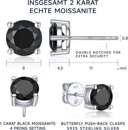 Schwarze Moissanite Ohrstecker 2 Karat Schwarz 925 Silber Herren Damen