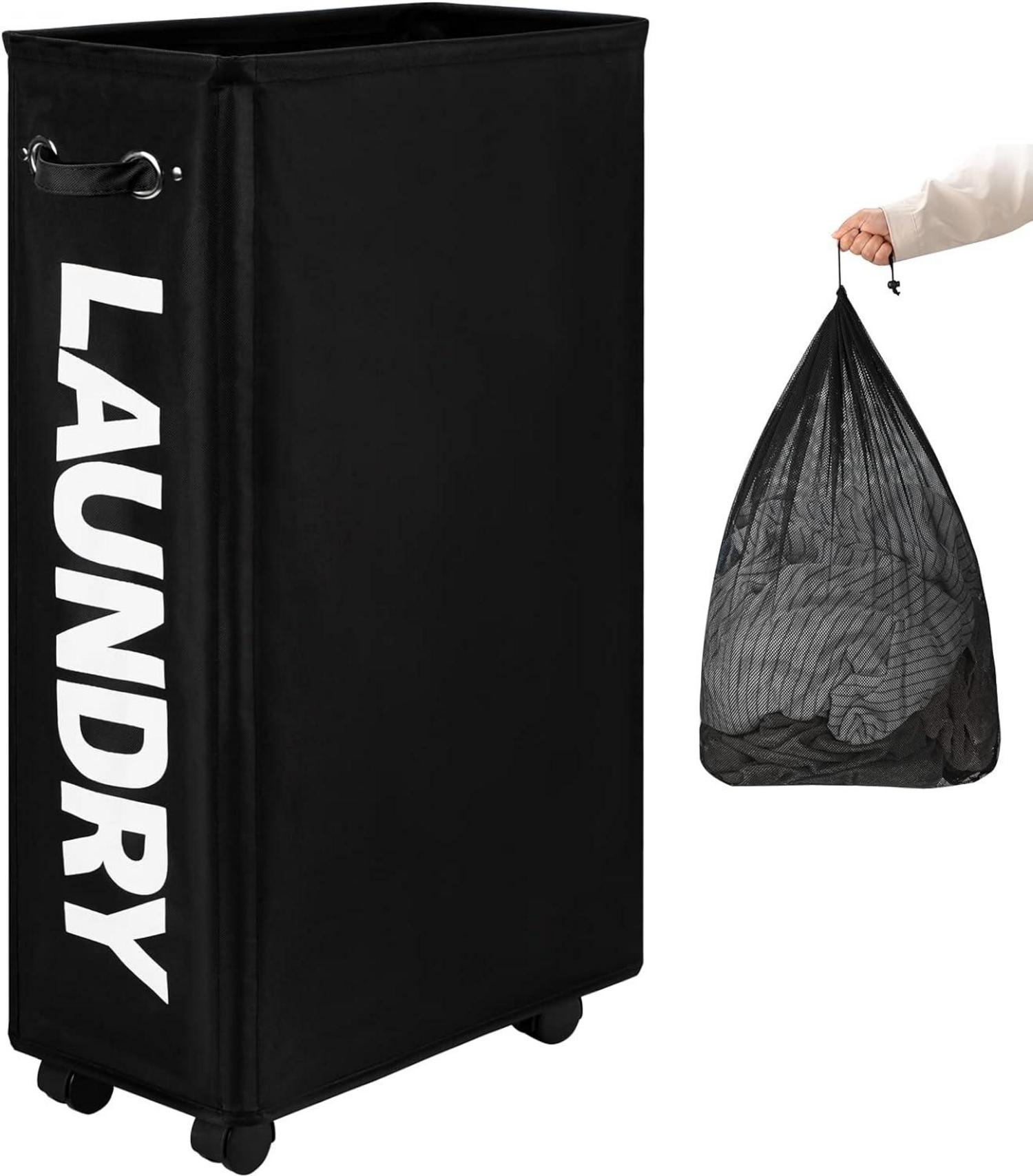 Faltbarer Wäschekorb auf Rädern schwarz 70L 29 Zoll