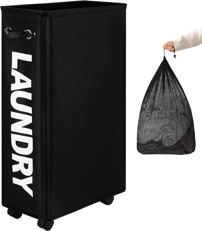 Faltbarer Wäschekorb auf Rädern schwarz 70L 29 Zoll
