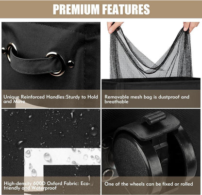 Faltbarer Wäschekorb mit Rad, zusammenklappbar, groß, schwarz, 29 Zoll, 70L