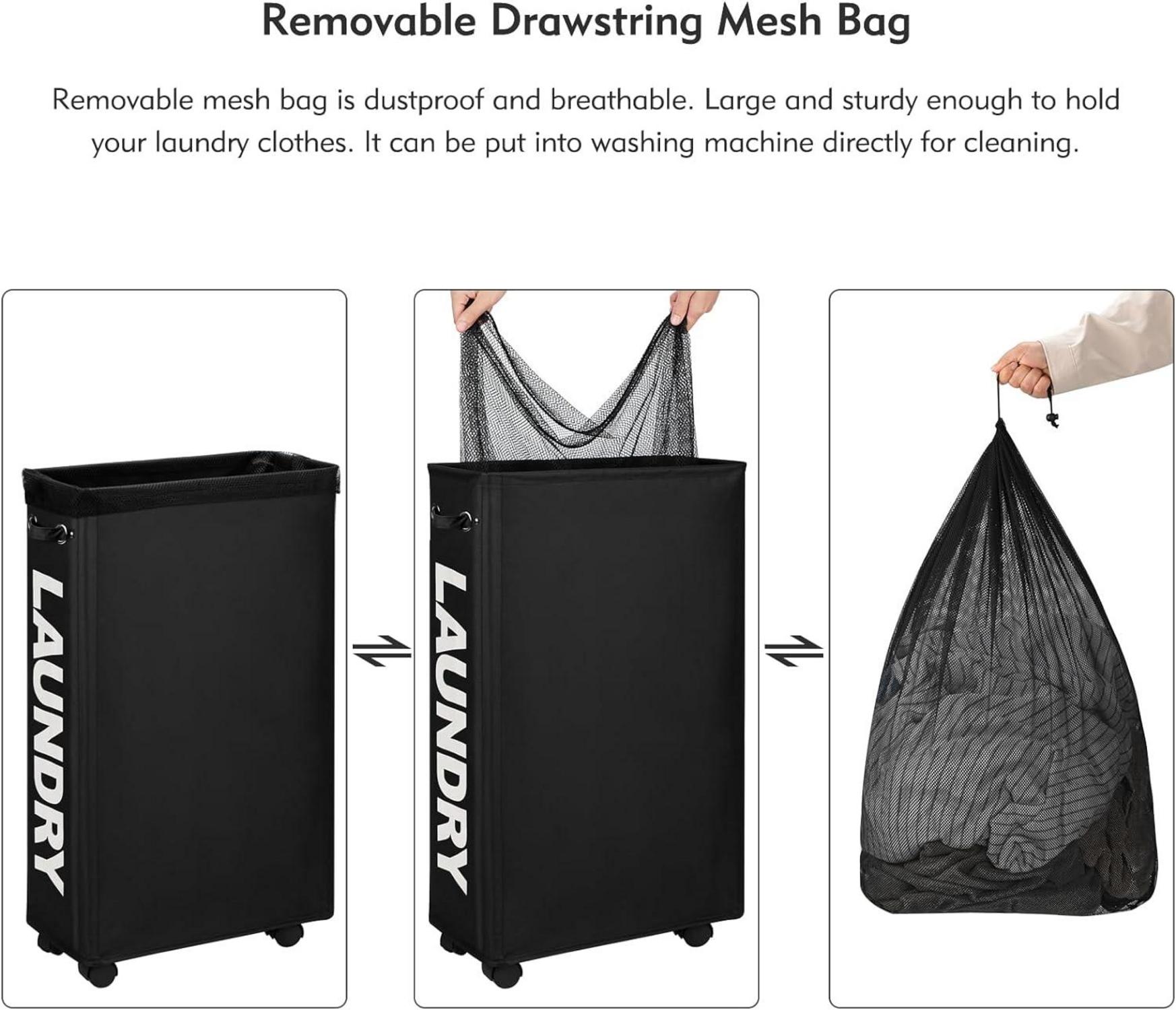 Großer faltbarer Wäschekorb mit Rollen und Wäschesack Schwarz