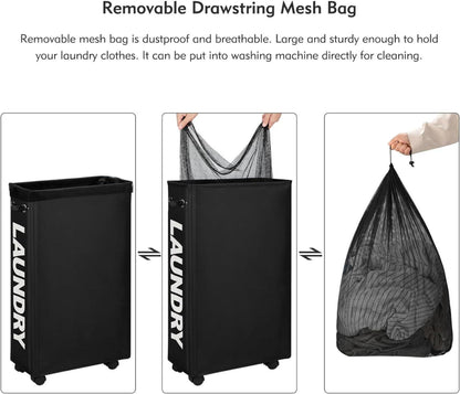 Großer faltbarer Wäschekorb mit Rollen und Wäschesack Schwarz