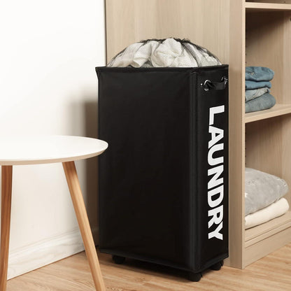 Großer faltbarer Wäschekorb mit Rollen und Wäschesack Schwarz