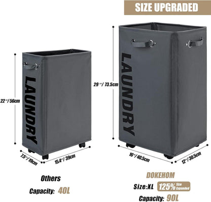 Großer Faltbarer Wäschekorb mit Rollen und Wäschesack - Dunkelgrau XL