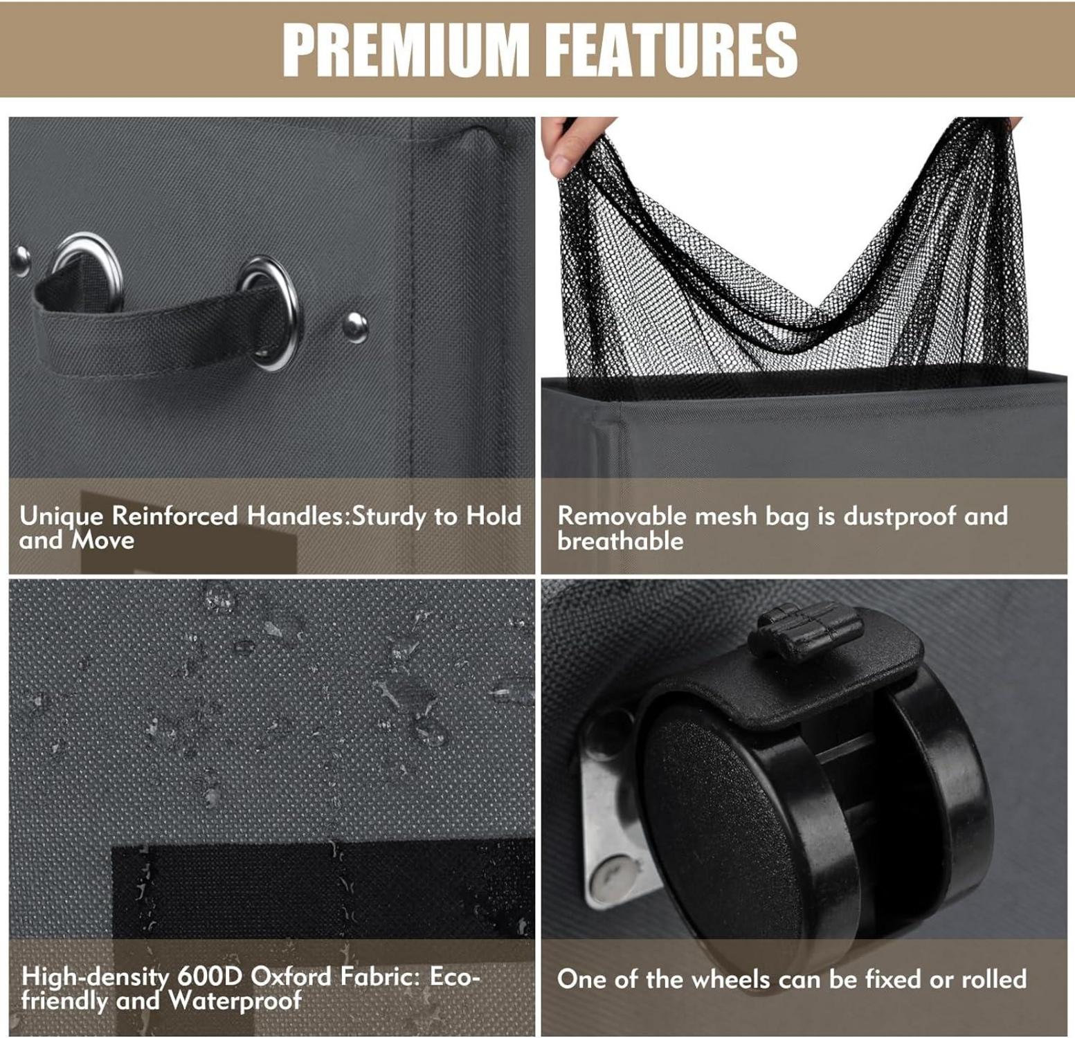 DOKEHOM 29-Inches Faltbare Wäschekörbe mit Rad und Zusammenklappbaren Wäschesäcken Dunkelgrau L