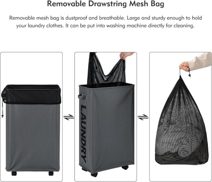 DOKEHOM 29-Inches Großer Faltbarer Wäschekorb mit Rad und Wäschesack dunkelgrau