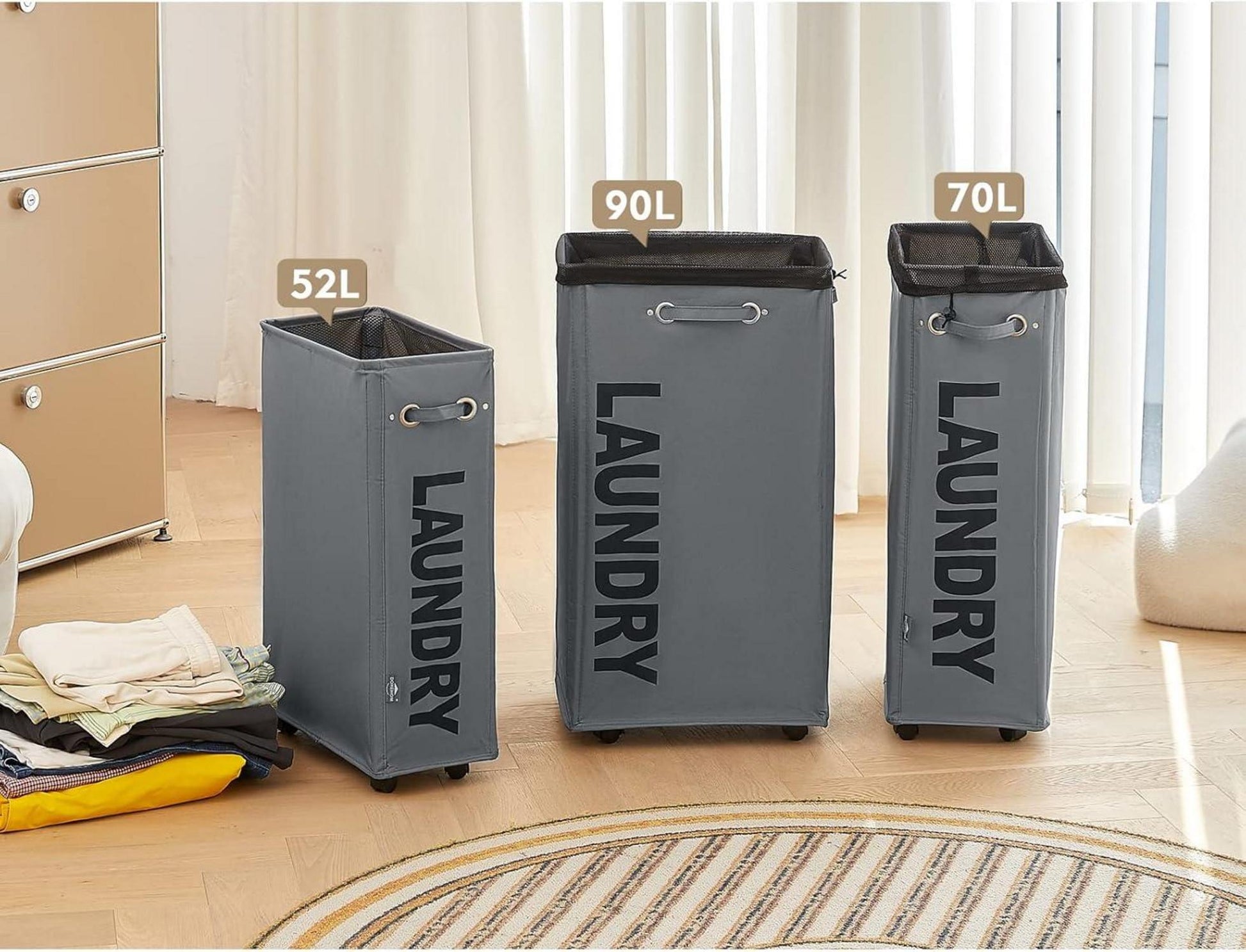 DOKEHOM 29-Inches Faltbare Wäschekörbe mit Rad und Zusammenklappbaren Wäschesäcken Dunkelgrau L