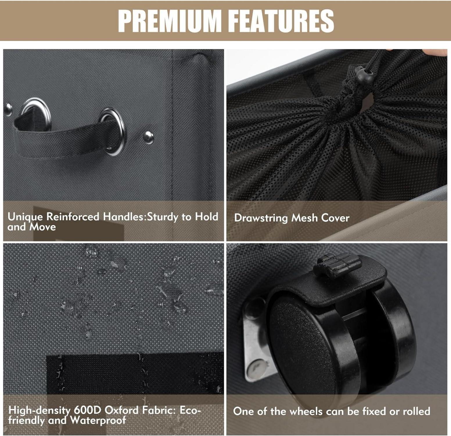 DOKEHOM Großer Faltbarer Wäschekorb mit Rollen 25 Zoll Dunkelgrau/Wäschesack 52L