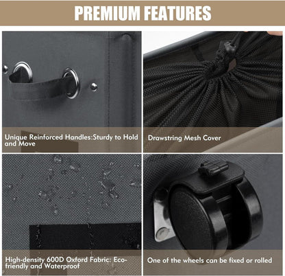 DOKEHOM Großer Faltbarer Wäschekorb mit Rollen 25 Zoll Dunkelgrau/Wäschesack 52L