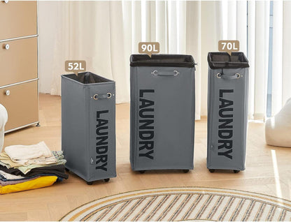 DOKEHOM Großer Faltbarer Wäschekorb mit Rollen 25 Zoll Dunkelgrau/Wäschesack 52L