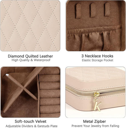 KAMIER Kleine Schmuckbox für Damen, Tragbare Reise Schmuckaufbewahrung, PU Leder Minikoffer - Beige