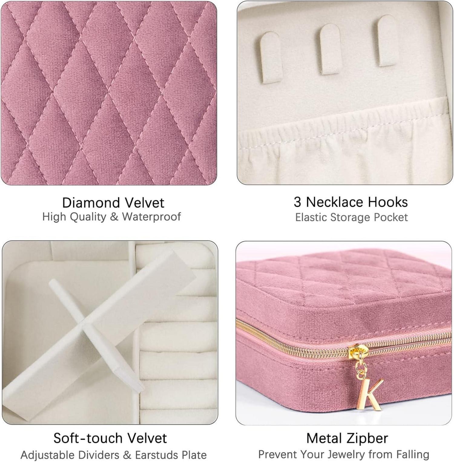 Kleine Schmuckkästchen für Damen, Tragbare Reise Schmuckbox, Rosa Samt-Mini-Aufbewahrung