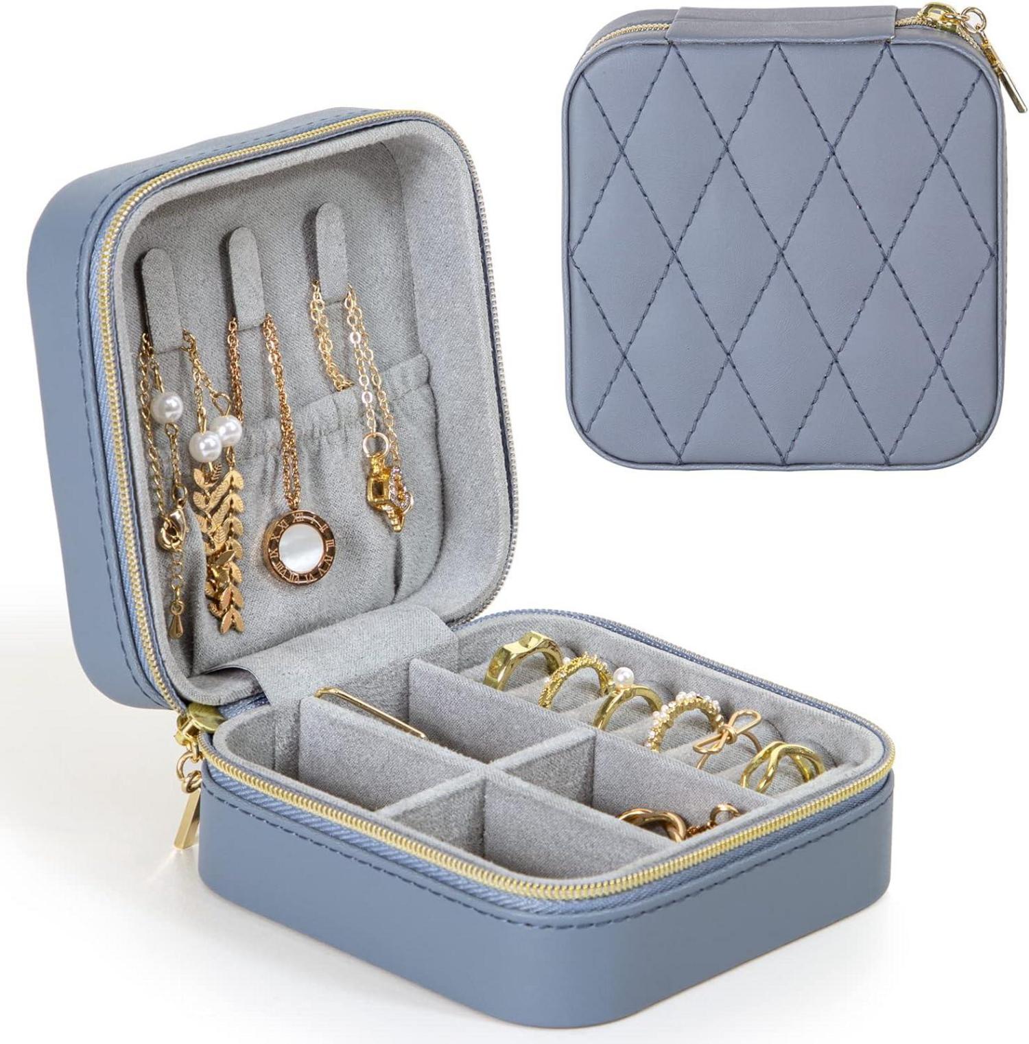 Kleine Schmuckkästchen Tragbarer Reise Schmuckbox Blaugrau