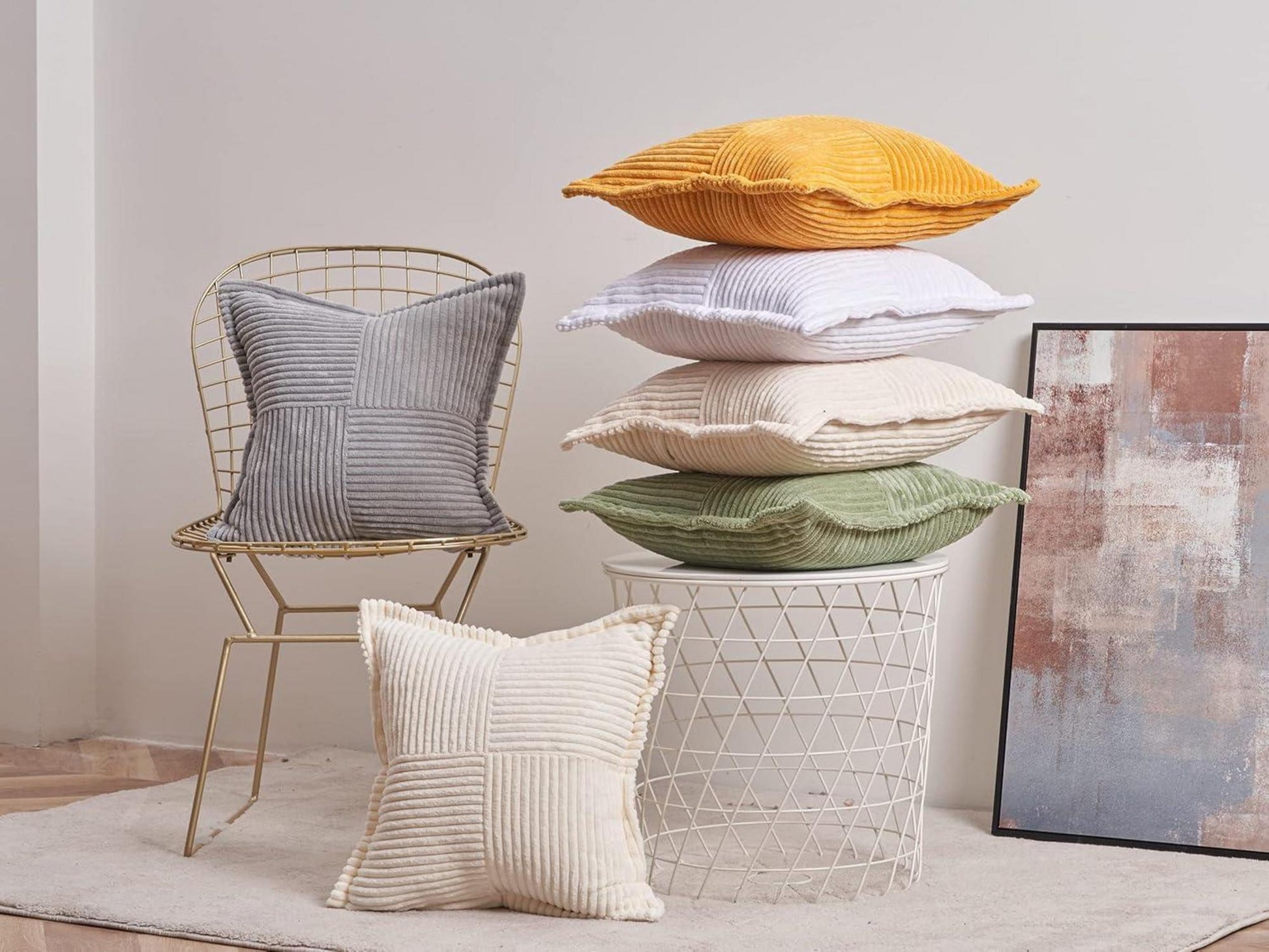 Set of 2 Topfinel Beige Corduroy Pillow Covers 50x50cm Hidden Zipper Geometric