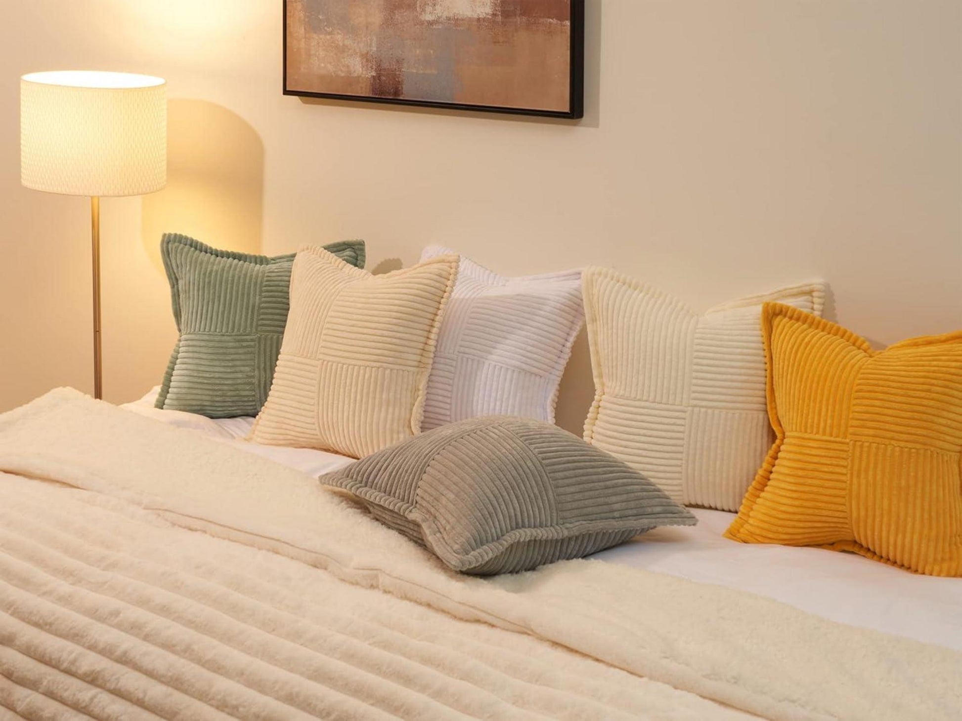 Set of 2 Topfinel Beige Corduroy Pillow Covers 50x50cm Hidden Zipper Geometric